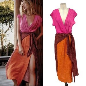 Vix Paula Hermanny Naomi Pink Orange Colorblock Dot Wrap Maxi Dress Size Large